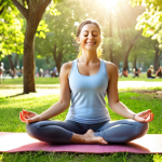 **Image Prompt:** A health manager doing yoga in a serene park with sunlight filtering through the trees. She's smiling peacefully, eyes closed, and radiating calm. Around her are other people also enjoying relaxing activities.