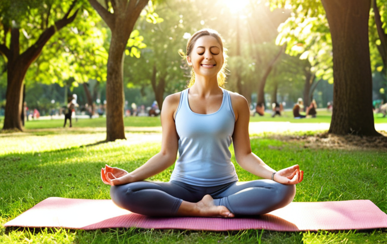 **Image Prompt:** A health manager doing yoga in a serene park with sunlight filtering through the trees. She's smiling peacefully, eyes closed, and radiating calm. Around her are other people also enjoying relaxing activities.