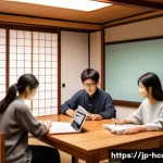 건강관리사 자격증 스터디 그룹 활용법 - A modern Japanese study group scene in a cozy room with natural lighting, featuring diverse young ad...