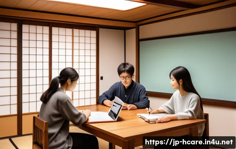 건강관리사 자격증 스터디 그룹 활용법 - A modern Japanese study group scene in a cozy room with natural lighting, featuring diverse young ad...