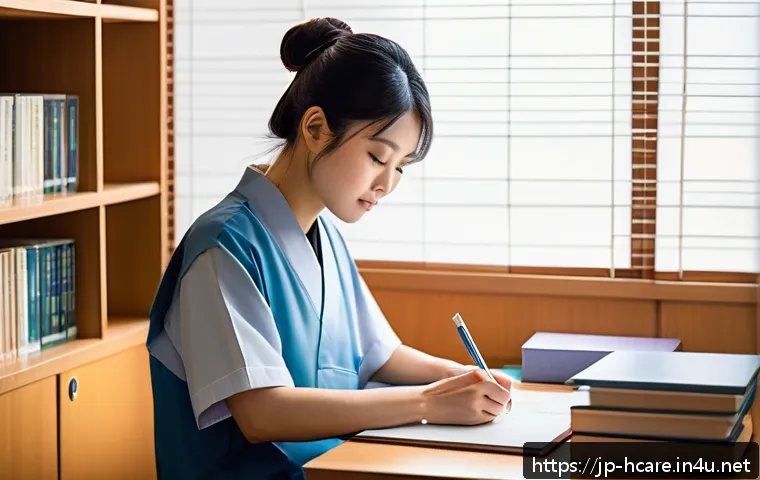 건강관리사 필수 교재 및 추천 서적 - A modern Japanese study room with a young adult health professional studying efficiently: the scene ...