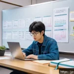 건강관리사 자격시험 최신 기출문제 - A modern Japanese study room scene featuring a young adult Japanese person studying for a health man...