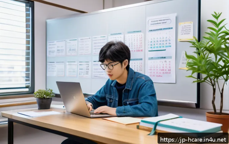 건강관리사 자격시험 최신 기출문제 - A modern Japanese study room scene featuring a young adult Japanese person studying for a health man...