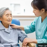 건강관리사로서 필요한 소프트 스킬 - A compassionate Japanese healthcare professional attentively observing an elderly patient in a calm,...