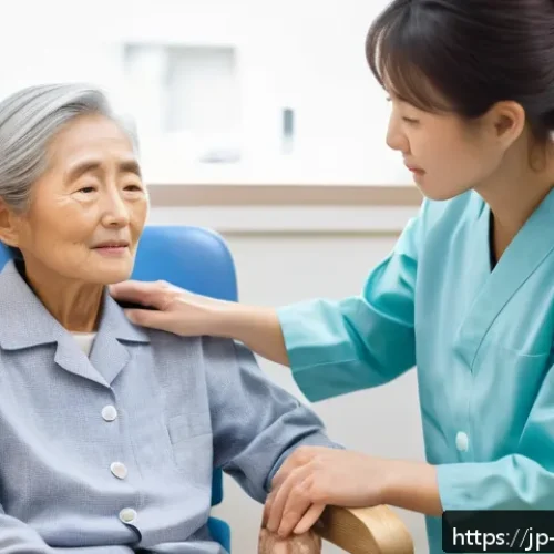 건강관리사로서 필요한 소프트 스킬 - A compassionate Japanese healthcare professional attentively observing an elderly patient in a calm,...