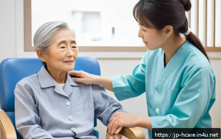 건강관리사로서 필요한 소프트 스킬 - A compassionate Japanese healthcare professional attentively observing an elderly patient in a calm,...