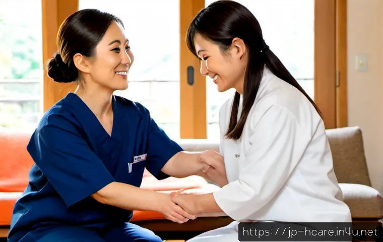건강관리사 업무의 장단점 분석 - Photorealistic Japanese home health care worker in a neat uniform warmly assisting an older woman wi...