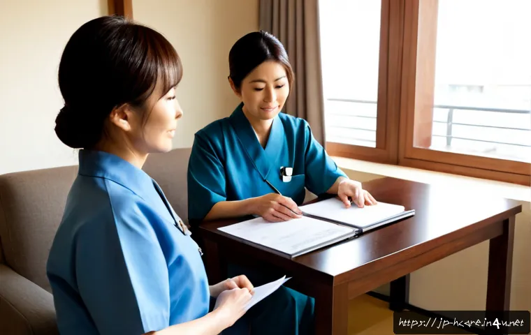 건강관리사와 관련된 정부 지원 사업 - Photorealistic home healthcare support scene in Japan, a compassionate female care manager in a neat...